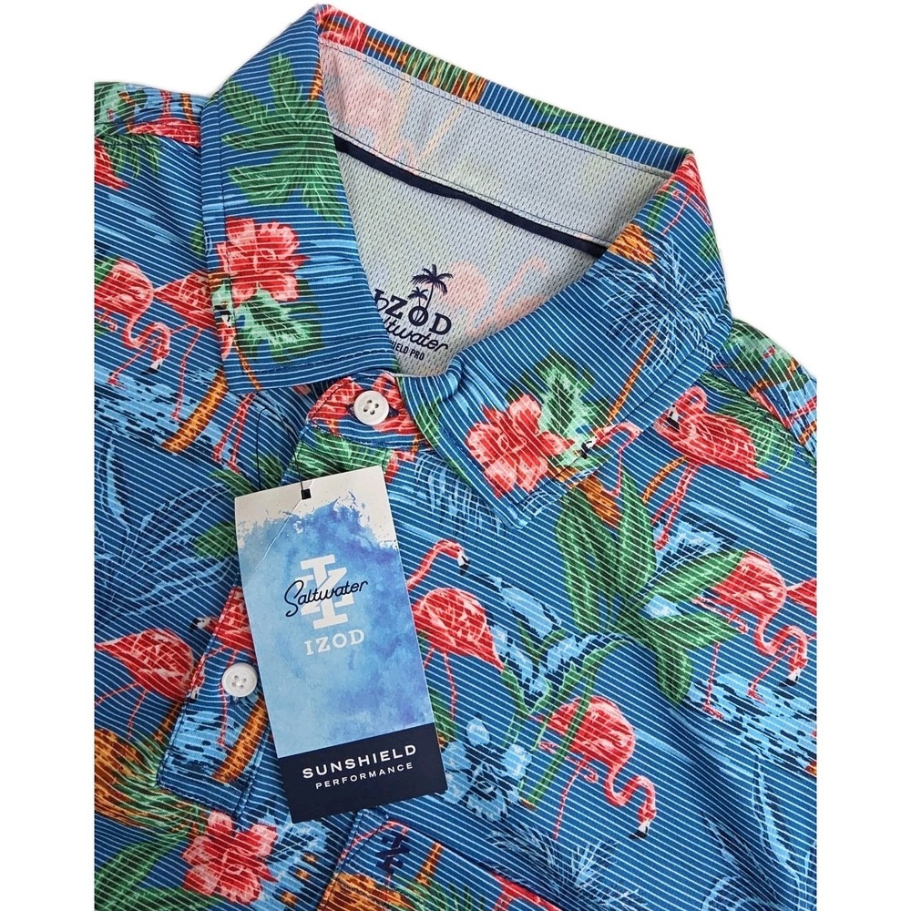 IZOD Saltwater Men's Xl Blue Flamingo Tropical Performance Golf Polo Shirt